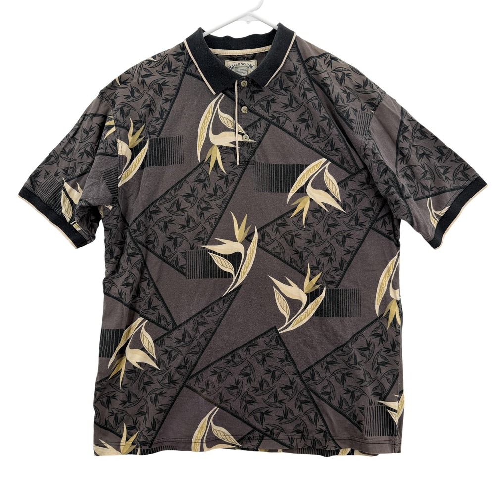 Bamboo Cay Polo Shirt Mens Large Brown Black Tropical Birds‎ of Paradise Resort